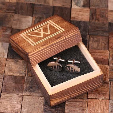 Image of Personalized Engraved Cuff Links Classic Oval with Wood Box - Cuff Links & Gift Box