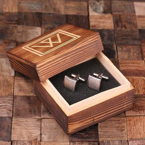 Image of Personalized Engraved Cuff Links Classic Square with Wood box - Cuff Links & Gift Box