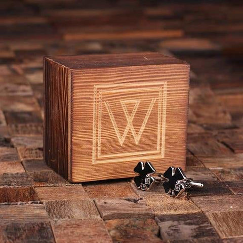 Image of Personalized Engraved Cuff Links Shamrock with Wood Box - Cuff Links & Gift Box