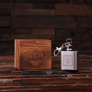 Personalized Engraved Key Chain 1 oz. Stainless Steel Flask with Wood Box - Key Chains & Gift Box