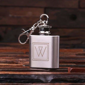 Personalized Engraved Key Chain 1 oz. Stainless Steel Flask with Wood Box - Key Chains & Gift Box