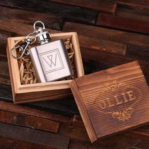 Image of Personalized Engraved Key Chain 1 oz. Stainless Steel Flask with Wood Box - Key Chains & Gift Box