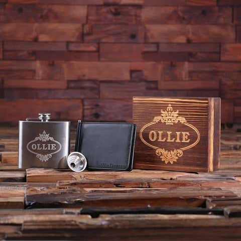 Image of Personalized Engraved Leather Mens Travel Wallet Money Clip & Steel Whiskey Flask with Wood Box Groomsmen Best Man - Wallet Gift Sets