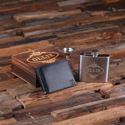 Image of Personalized Engraved Leather Mens Travel Wallet Money Clip & Steel Whiskey Flask with Wood Box Groomsmen Best Man - Wallet Gift Sets
