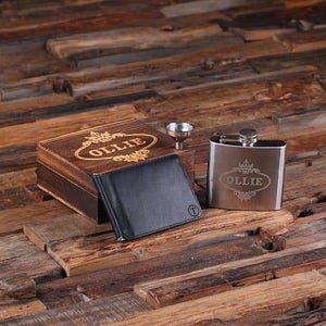 Personalized Engraved Leather Mens Travel Wallet Money Clip & Steel Whiskey Flask with Wood Box Groomsmen Best Man - Wallet Gift Sets