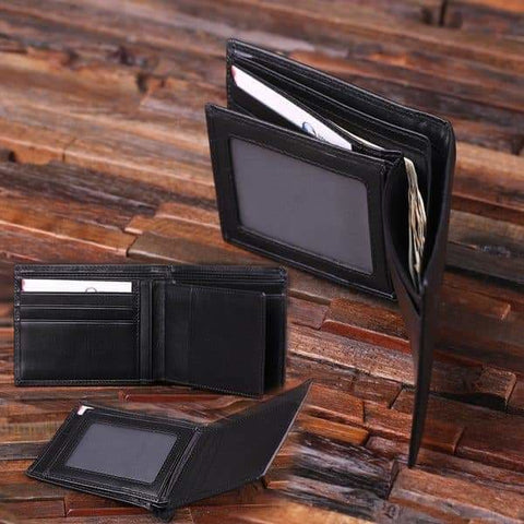Image of Personalized Engraved Monogrammed Mens Leather Wallet Black or Brown with Wood Box - Wallets & Gift Box