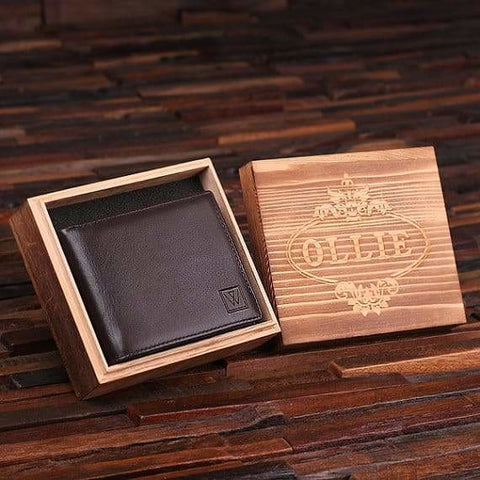 Image of Personalized Engraved Monogrammed Mens Leather Wallet Black or Brown with Wood Box - Wallets & Gift Box