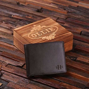 Personalized Engraved Monogrammed Mens Leather Wallet Black or Brown with Wood Box - Wallets & Gift Box