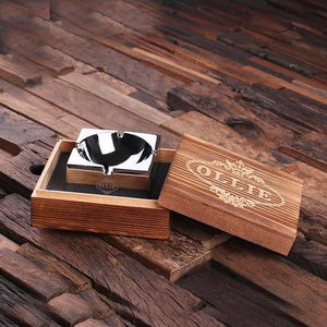 Personalized Engraved Polished Smokers Ashtray with Wood Box - Cigar & Smoking Gifts