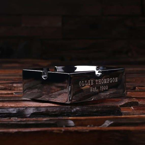 Image of Personalized Engraved Polished Smokers Ashtray with Wood Box - Cigar & Smoking Gifts
