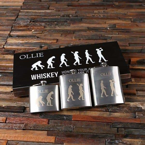 Image of Personalized Evolution Man 3pcs Flask Set with Wood Box - Flask Gift Sets