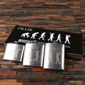 Personalized Evolution Man 3pcs Flask Set with Wood Box - Flask Gift Sets