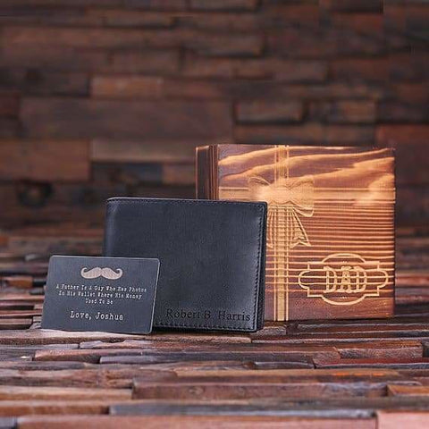 Image of Personalized Fathers Day Engraved Monogrammed Mens Leather Wallet Black or Brown with Metal Gift Card & Wood Box - Wallets & Gift Box