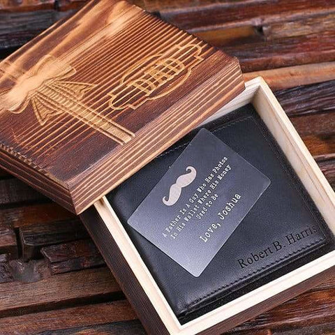 Image of Personalized Fathers Day Engraved Monogrammed Mens Leather Wallet Black or Brown with Metal Gift Card & Wood Box - Wallets & Gift Box