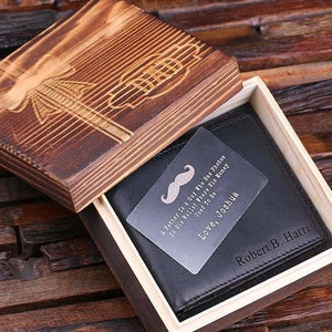 Personalized Fathers Day Engraved Monogrammed Mens Leather Wallet Black or Brown with Metal Gift Card & Wood Box - Wallets & Gift Box