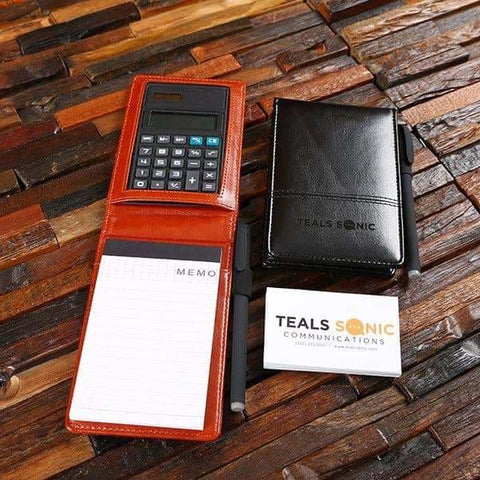Image of Personalized Faux Leather Covered Notepad Calculator & Pen - Journals & Notebooks