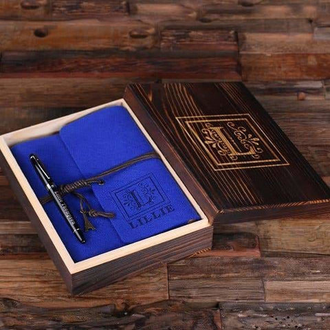 Image of Personalized Felt Journal Pen and Wood Box Blue - Journal Gift Sets