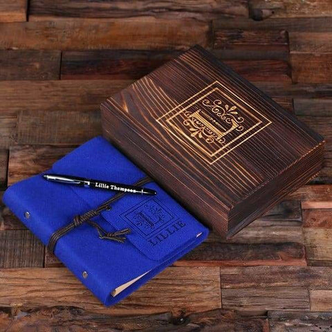 Image of Personalized Felt Journal Pen and Wood Box Blue - Journal Gift Sets