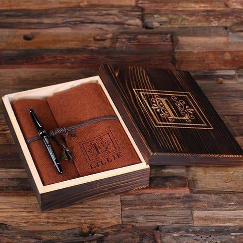 Image of Personalized Felt Journal Pen and Wood Box Brown - Journal Gift Sets