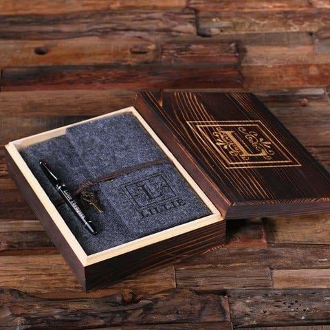 Image of Personalized Felt Journal Pen and Wood Box Dark Grey - Journal Gift Sets