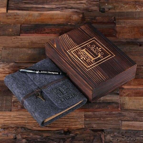 Image of Personalized Felt Journal Pen and Wood Box Dark Grey - Journal Gift Sets