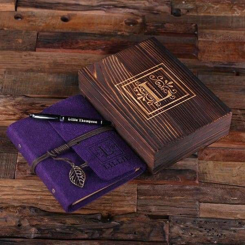 Image of Personalized Felt Journal Pen and Wood Box Deep Purple - Journal Gift Sets