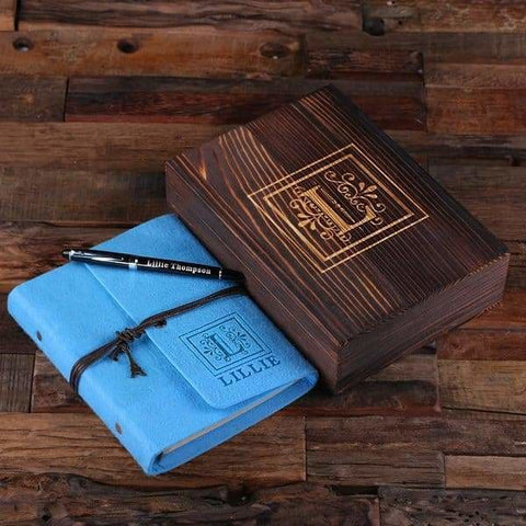 Image of Personalized Felt Journal Pen and Wood Box Electric Turquoise - Journal Gift Sets