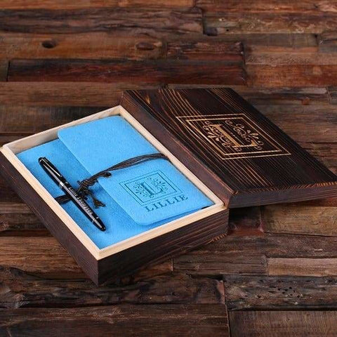 Image of Personalized Felt Journal Pen and Wood Box Electric Turquoise - Journal Gift Sets
