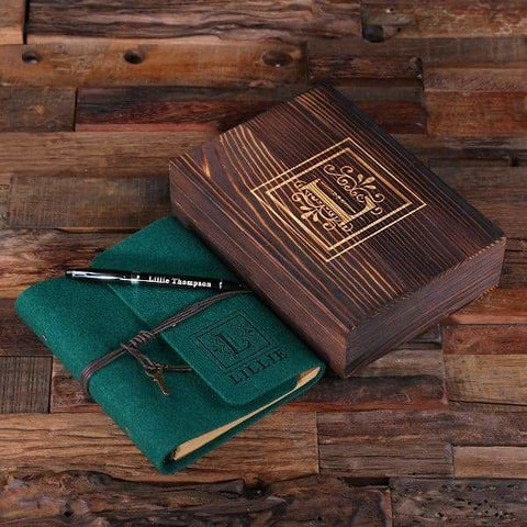 Image of Personalized Felt Journal Pen and Wood Box Hunter Green - Journal Gift Sets