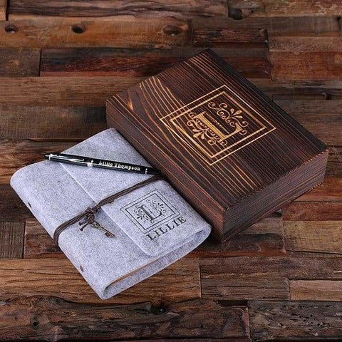 Image of Personalized Felt Journal Pen and Wood Box Light Grey - Journal Gift Sets