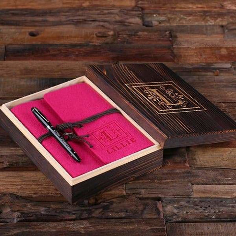 Image of Personalized Felt Journal Pen and Wood Box Pink Fuchsia - Journal Gift Sets