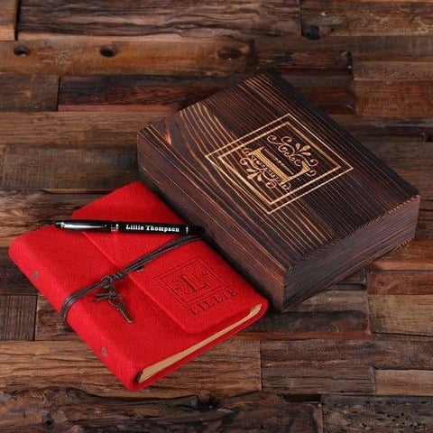 Image of Personalized Felt Journal Pen and Wood Box Ruby Red - Journal Gift Sets