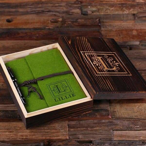 Image of Personalized Felt Journal Pen and Wood Box Tropical Green - Journal Gift Sets