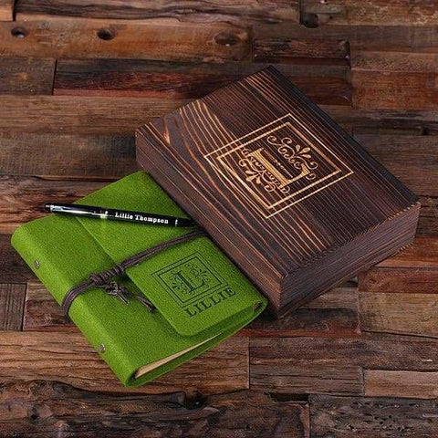 Image of Personalized Felt Journal Pen and Wood Box Tropical Green - Journal Gift Sets