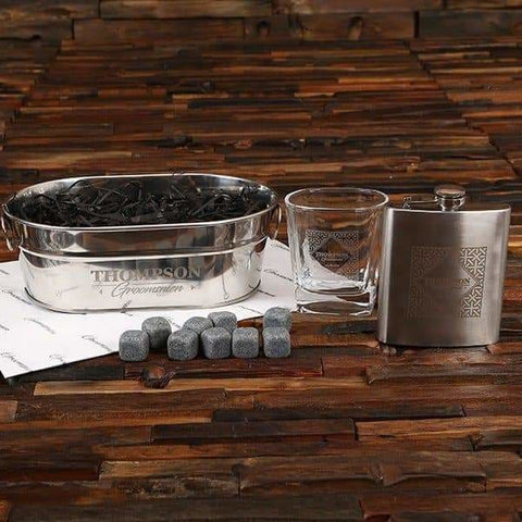 Image of Personalized Flask Ice Bucket Whiskey Glass & Stone Set - Assorted - Groomsmen