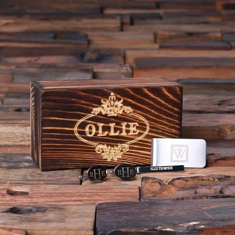 Image of Personalized Gentlemans Gift Set Cuff Links Money Clip Tie Clip and Wood Box - Cuff Links - Tie Clip Set