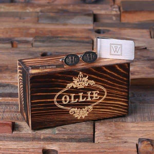 Personalized Gentlemans Gift Set Cuff Links Money Clip Tie Clip and Wood Box - Cuff Links - Tie Clip Set
