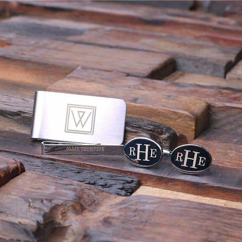 Image of Personalized Gentlemans Gift Set Cuff Links Money Clip Tie Clip and Wood Box - Cuff Links - Tie Clip Set