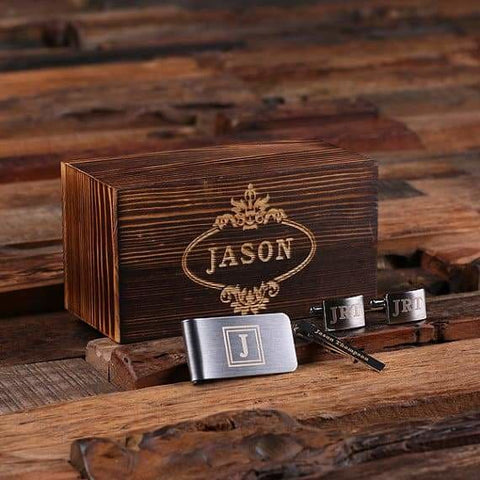Image of Personalized Gentlemans Gift Set Cuff Links Money Clip Tie Clip Groomsmen Fathers Day and Dad Men Boyfriend Christmas - Cuff Links - Tie