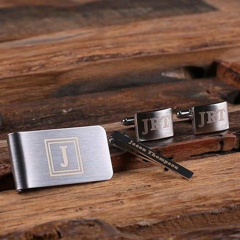 Image of Personalized Gentlemans Gift Set Cuff Links Money Clip Tie Clip Groomsmen Fathers Day and Dad Men Boyfriend Christmas - Cuff Links - Tie