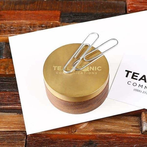 Image of Personalized Gold & Wood Round Paperweight Business Gifts - Desktop Stationery