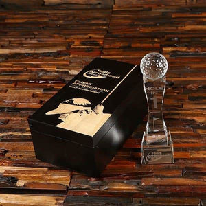 Personalized Golf Ball Tower Crystal Glass Award & Wood Box - Awards