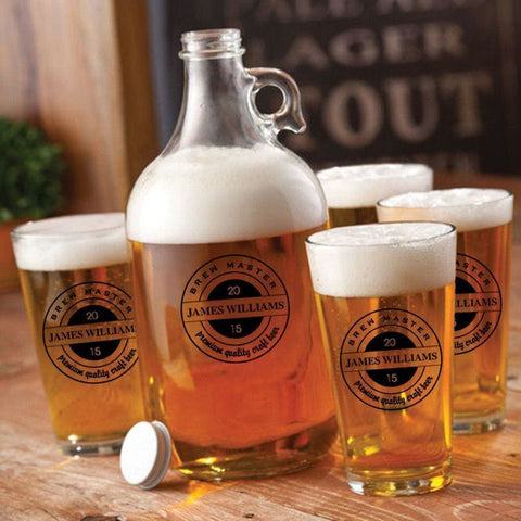Image of Personalized Growler - 4 Pint Glasses - Growler Set - 64 oz. - BrewMaster - Personalized Barware