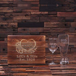 Personalized His and Hers Mr. and Mrs. Wine Glass and Beer Glass With Wood Gift Box - Drinkware - Wine & Dining