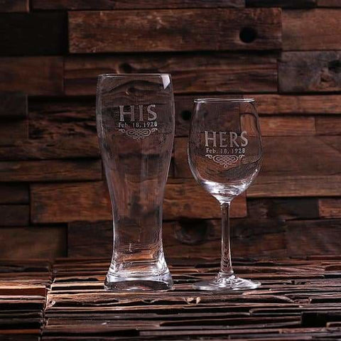 Image of Personalized His and Hers Mr. and Mrs. Wine Glass and Beer Glass With Wood Gift Box - Drinkware - Wine & Dining