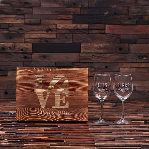 Image of Personalized His & Her Wine Glass Set with Wood Box - Assorted - Travel Gifts