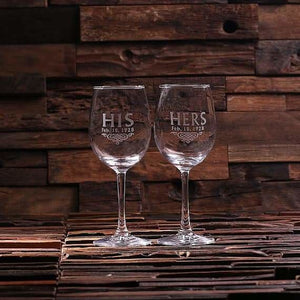 Personalized His & Her Wine Glass Set with Wood Box - Assorted - Travel Gifts