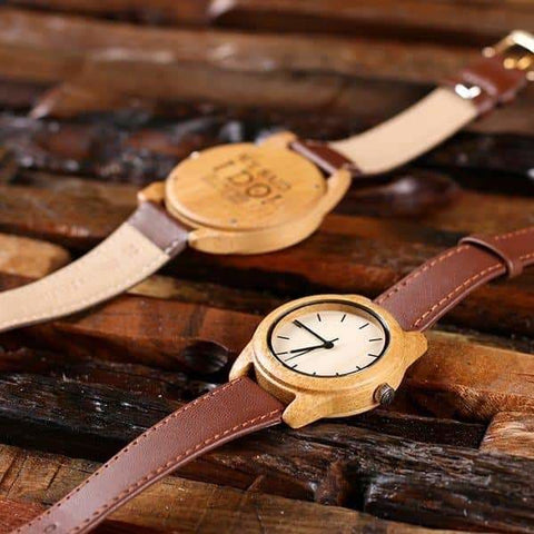 Image of Personalized His & Hers Engraved Wood Watch Bamboo Leather Straps with Engraved Box - Watches