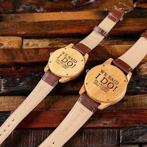 Personalized His & Hers Engraved Wood Watch Bamboo Leather Straps with Engraved Box - Watches