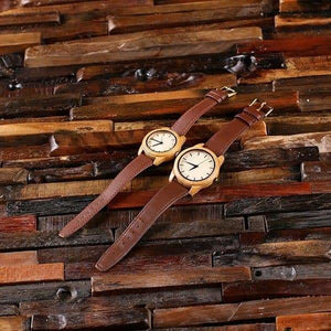 Personalized His & Hers Engraved Wood Watch Bamboo Leather Straps with Engraved Box - Watches